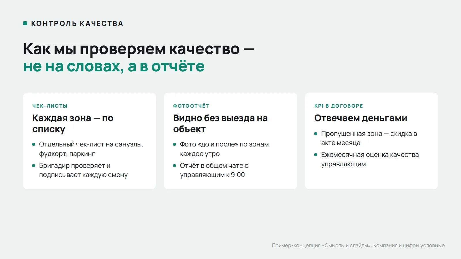 Образец слайда презентации клининговой компании: контроль качества, чек-листы, фотоотчёт и KPI