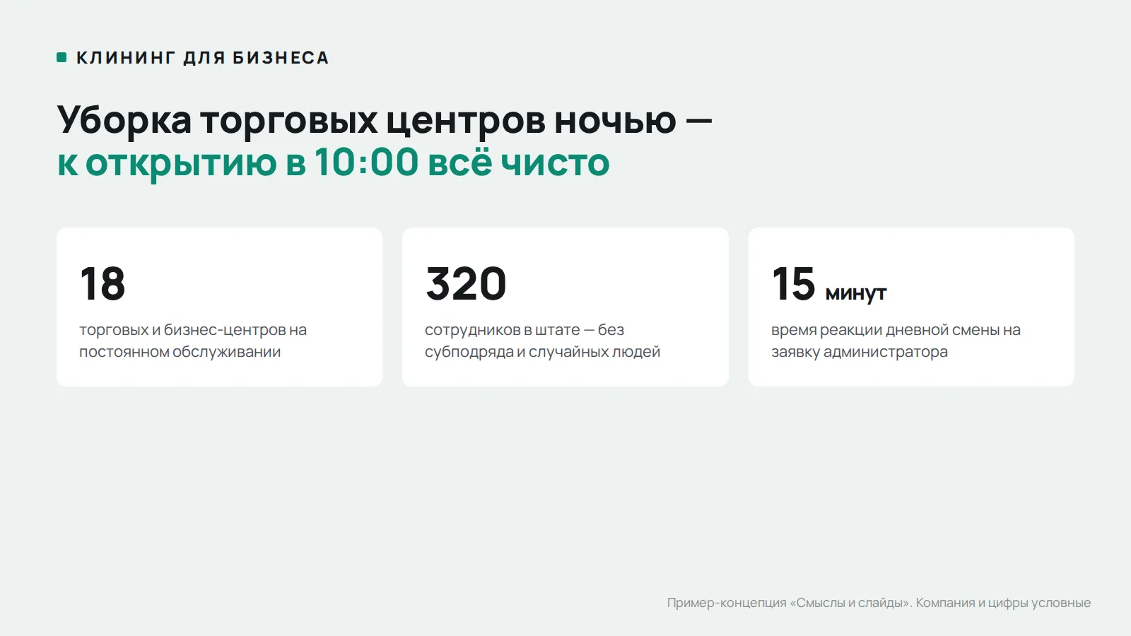 Пример презентации клининговой компании: обложка со специализацией и ключевыми цифрами