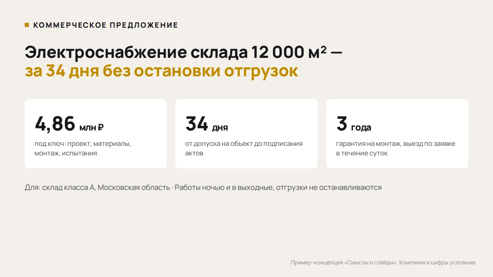 Образец коммерческого предложения на электромонтажные работы: первая страница с объектом, ценой и сроком