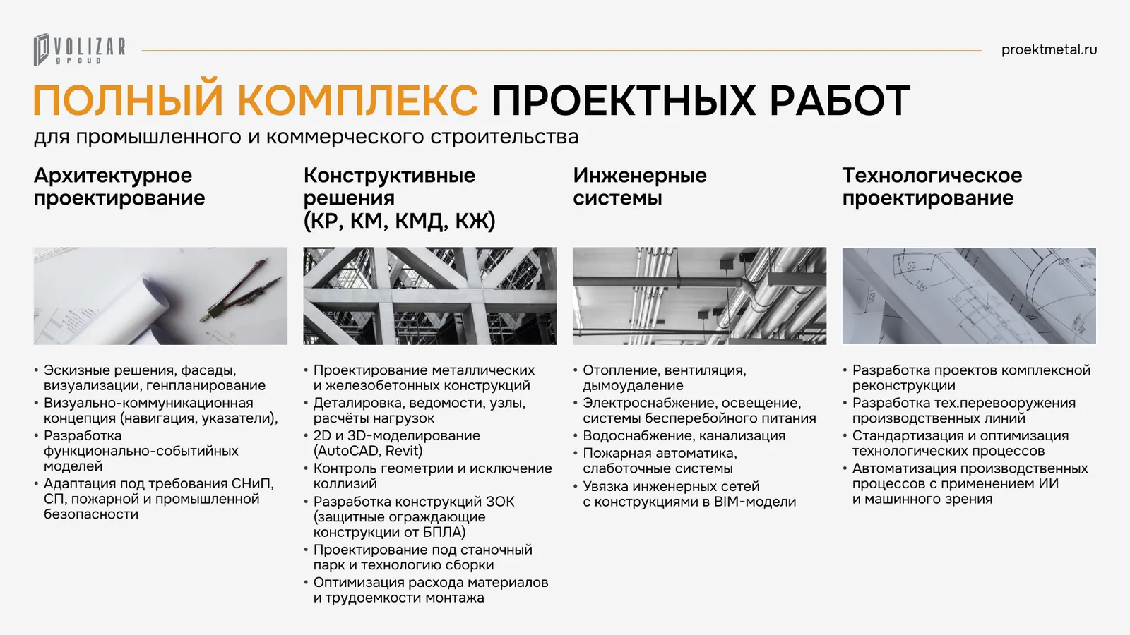 Пример презентации проектной компании: матрица услуг по разделам проектирования
